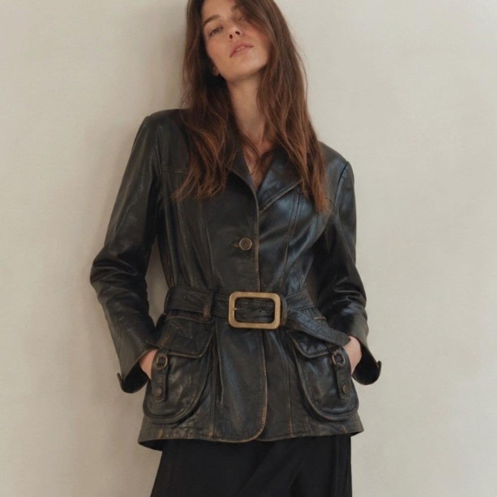Vintage 1990s Made in Italy Black Belted Leather Jacket Medium Y2K Bratz Grunge